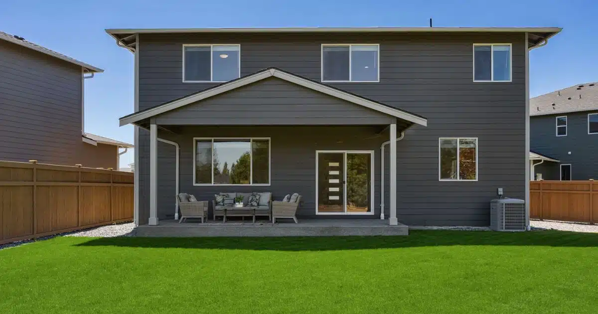 A backyard shot of a new construction Soundbuilt Home in the Elk Run at Chinook Meadows community.